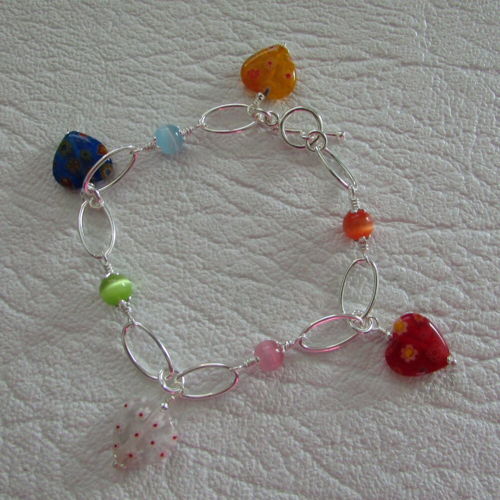 925 Sterling Silver Glass Beads and Heart Charms Bracelet - NEW